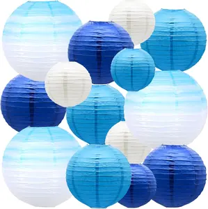 14 PCS Round Paper Lanterns 10 8 6 Inches, Gradient Blue and White Party Decorations, Hanging Lanterns for Wedding Reception Baby Boy Shower Ocean Theme Indoor Outdoor Supplies