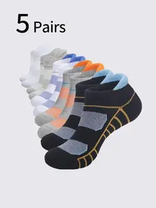 5 Pairs Unisex Sports Socks, Anti-Slip Wear-Resistant Shock Absorption, Striped Colorblock Design, Low-Cut Running Basketball Socks