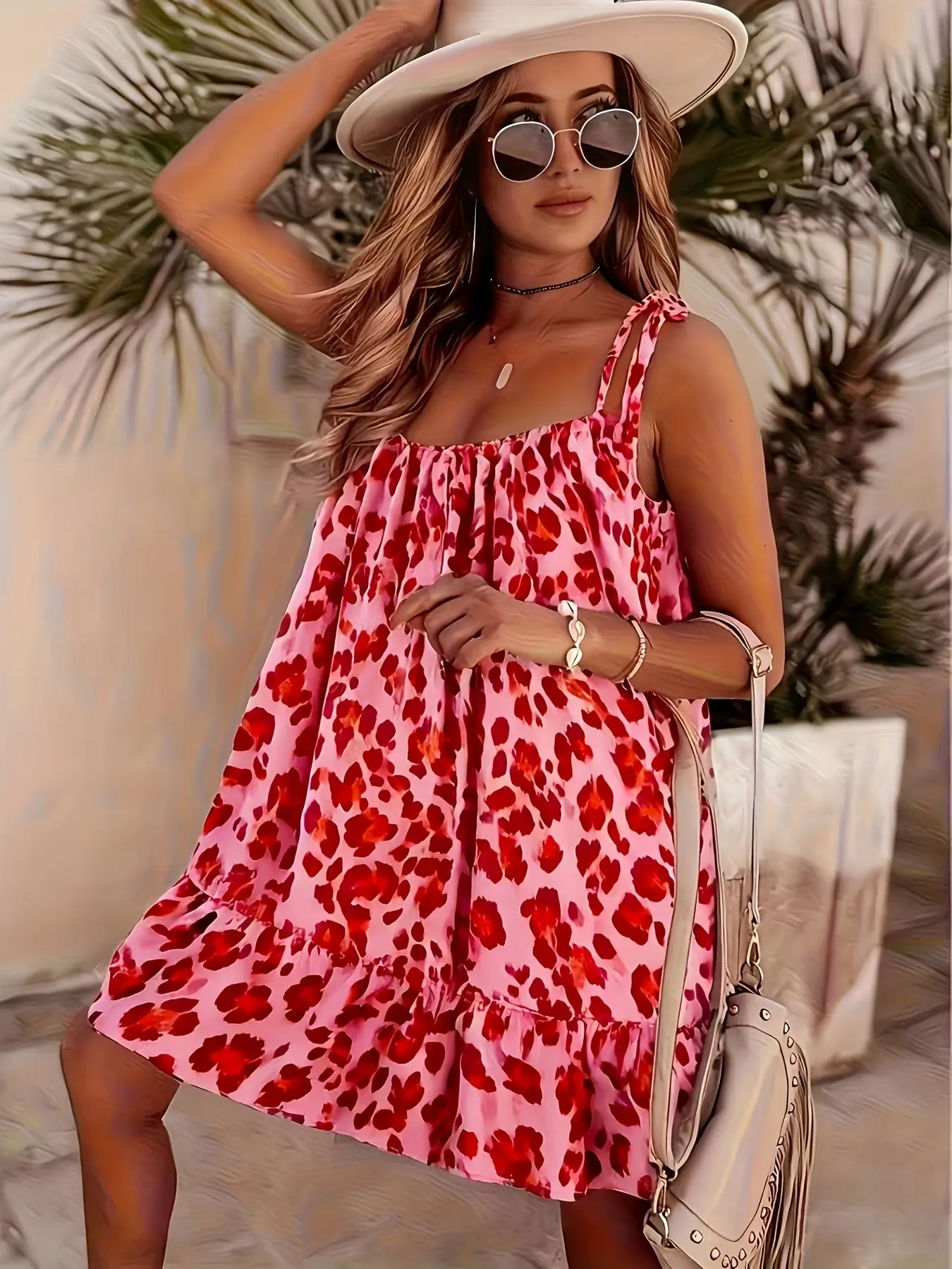 Women's Pink Leopard Print Spaghetti Strap Mini Dress, Square Neck Tie Strap Loose Ruffle Hem Short Dress, Casual Summer Beach Vacation Sundress