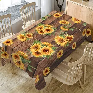 Rectangular Tablecloth, Summer Sunflower Floral Dining Table Decor, Wood Background, Indoor Outdoor Use, Kitchen Decoration