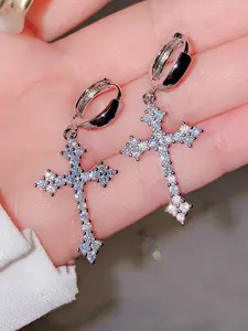 A pair of cross-shaped earrings made of synthetic white zirconia are fashionable, elegant and simple, suitable for women to wear at travel wedding parties Cross Dangle Earring Artificial Zirconia Earrings