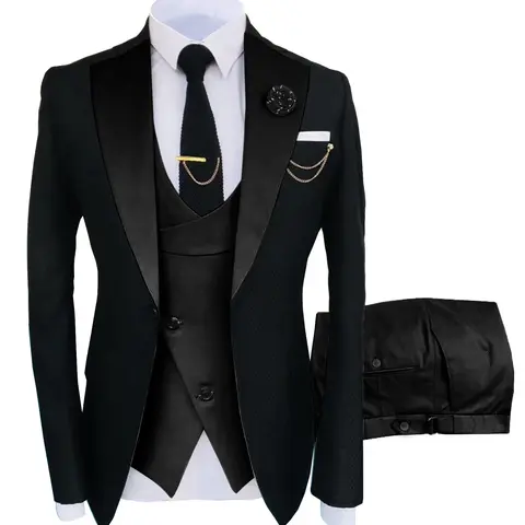 Men's 3-Piece Bundled Suit Set - Double Breasted Blazer, Vest & Pants, Formal Wear for Weddings, Business Formal All-Black Classic Suit with Pocket, Business Formal Men's Suits