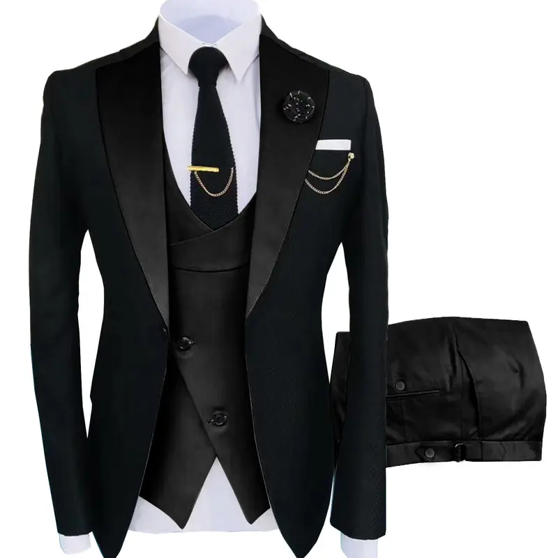 Men's 3-Piece Bundled Suit Set - Double Breasted Blazer, Vest & Pants, Formal Wear for Weddings, Business Formal All-Black Classic Suit with Pocket, Business Formal Men's Suits
