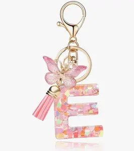 Fashion Alphabet Initial Letter Keychain Tassel Butterfly Pendant Key Ring for Purse Handbags Women Girl