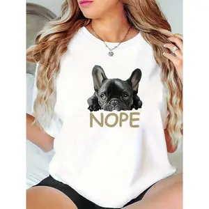 Women's Funny Black French Bulldog "NOPE" Graphic T-Shirt Casual Daily Wear for Dog Lovers, Shopping, or Weekend Outings 100% Cotton T-shirt