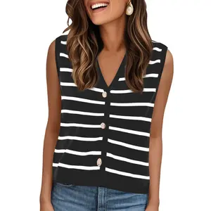 INSPIRE CHIC Women's V-Neck Sleeveless Button Down Knitted Striped Sweater Vest Large Black