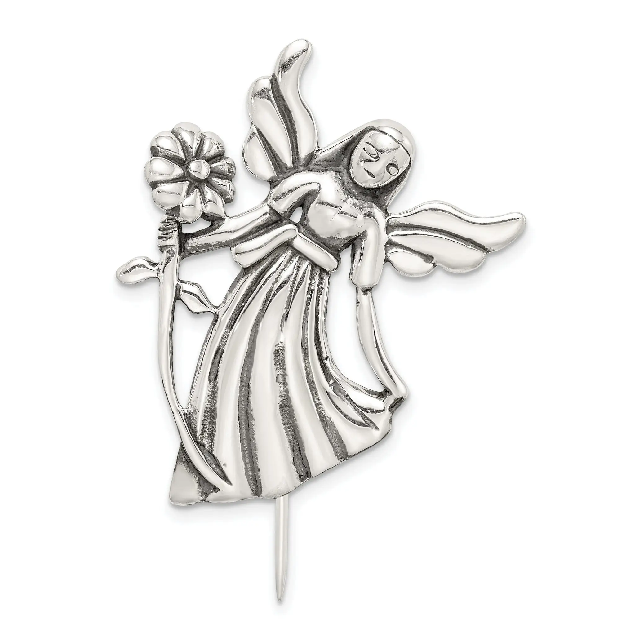 925 Sterling Silver Antique Angel Flower Brooch Pin for Female, 38x27mm Floral Accent Clothes Accessory, Flowers