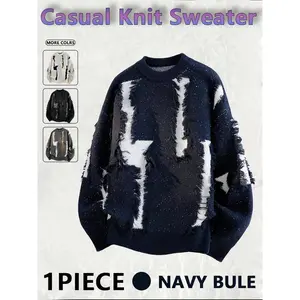 Men's Ripped Drop Shoulder Sweaters, Loose Casual Street Soft Comfy Long Sleeve Round Neck Knit Tops, Jumper for Fall, Fashion Men's Knitwear for Daily Wear, Menswear, Crewneck Streetwear, Graphic Pullover, Casual Cozy Jumper, Stylish Crewneck Top