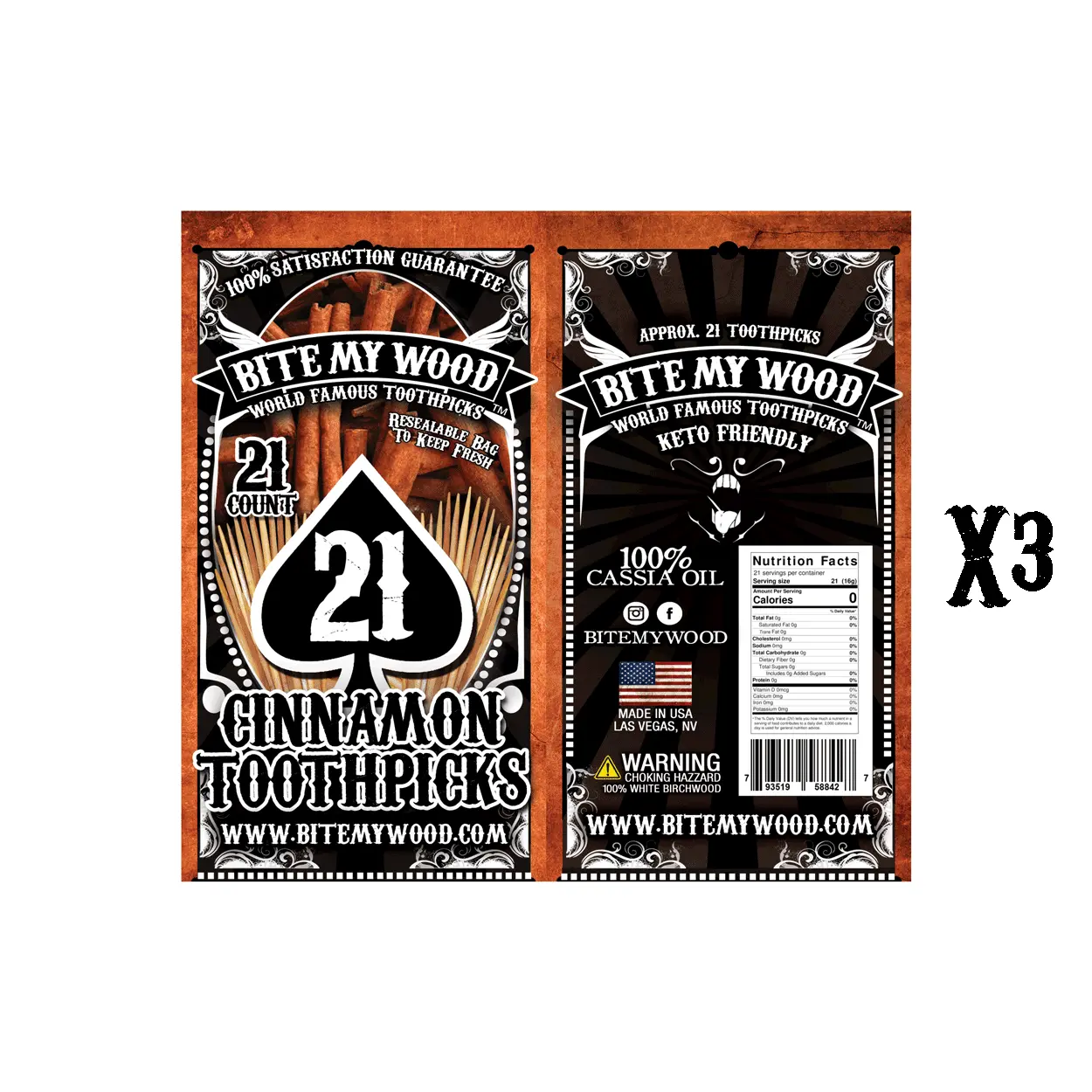 BiteMyWood Birchwood Cocktail Sticks Toothpicks in Plastic Reusable Bag 21 qty x 3 Packs Cinnamon, Mint, CinnaMint, Eucalyptus, Mint, & Wintergreen