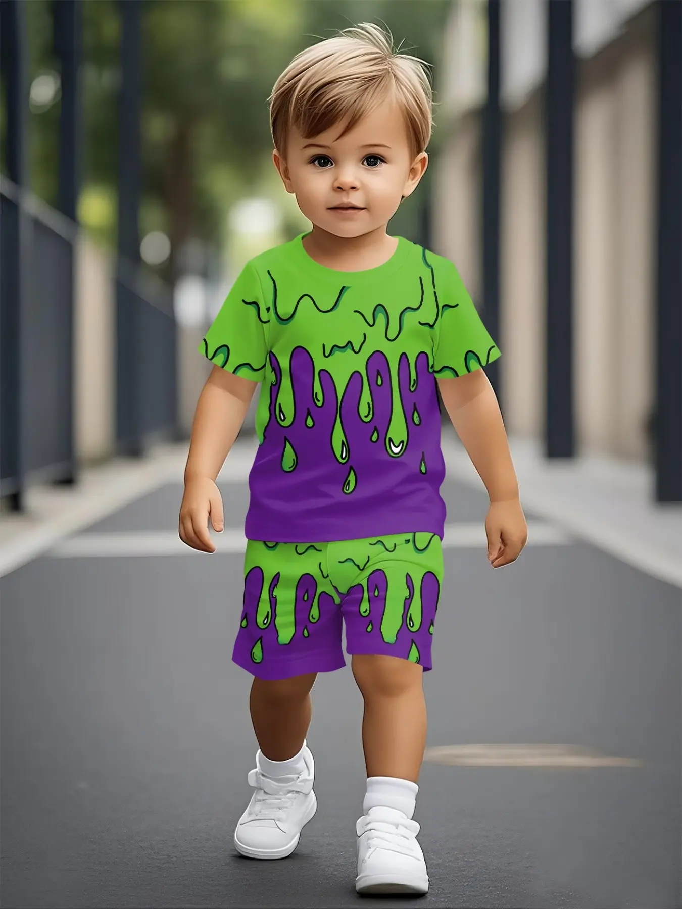 Boys' Cool Vibrant Playful Fluid Art 3D Digital Print Short Sleeve Set, Casual Fitted Cotton Blend, Perfect Gift for Daily Wear & Outdoor Sports Clothes, Toddler Suit, Summer Clothing Set