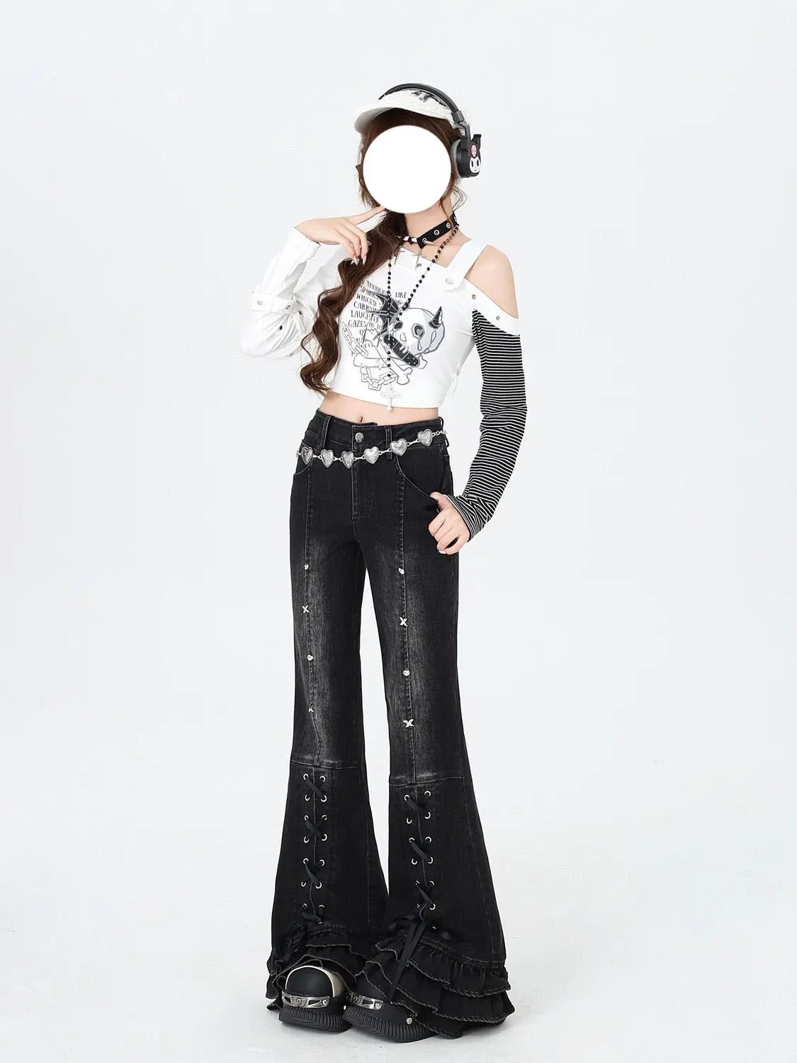 Y2K Gothic Lace Up Flare Jeans Women, Vintage Black Washed Denim Pants, Cross Studs Ruffled Tiered Hem High Waist Slim Bell Bottom Trousers for Punk Alt Grunge Daily Street Outfits