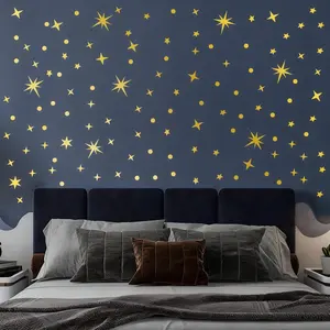 Vintage Gold Star Wall Stickers, 5 Sheets 210 Pcs Decals with Stars & Dots, Peel and Stick Wall Art Sticker, Removable Vinyl Star Wall Decor for Bedroom, Nursery, Ceiling, Party Decorations