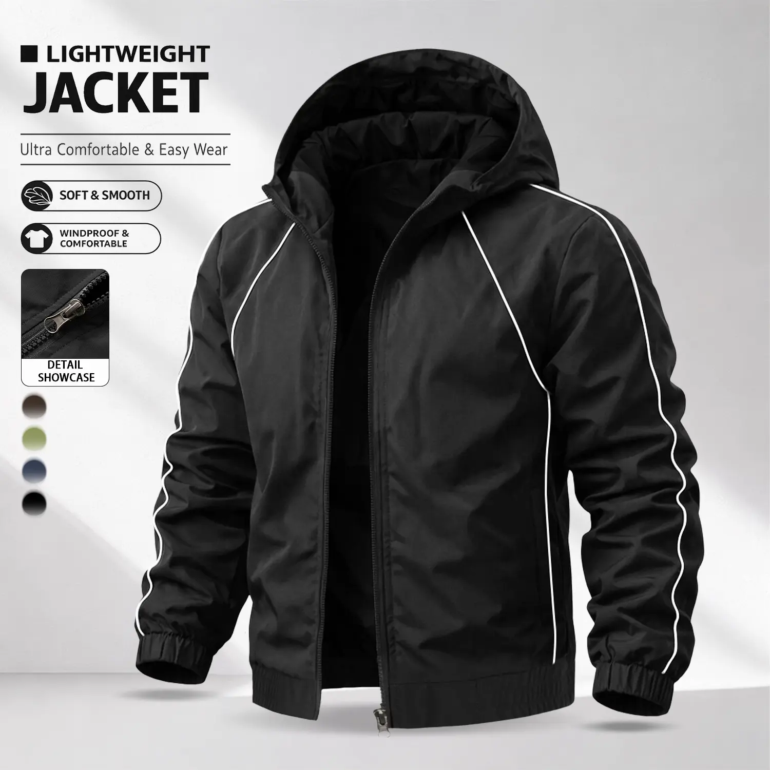 Men’s hooded jacket for autumn/winter with thin white decorative stitching, loose basic casual jacket for everyday wear, available in four colors