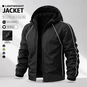 Men’s hooded jacket for autumn/winter with thin white decorative stitching, loose basic casual jacket for everyday wear, available in four colors