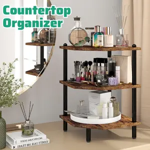 Desktop Corner Stand Shelf for Storage,3 Tier Corner Shelf Organizer,Rustic Brown Storage Shelves Decor Metal