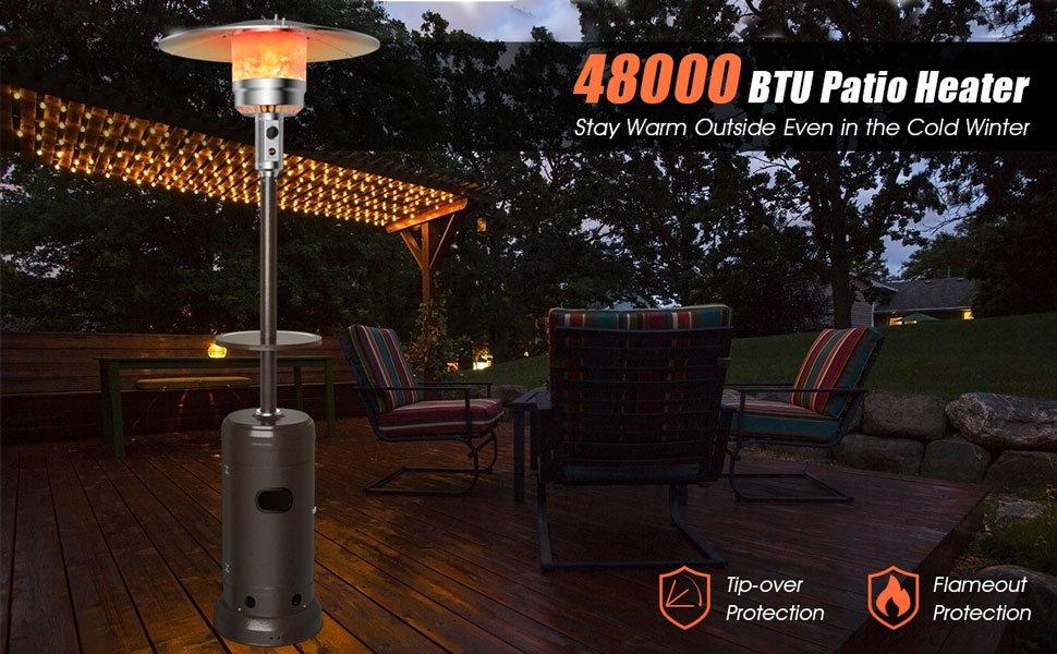 COSTWAY Propane Patio Heater with Wheels, 42000-50000 BTU Outdoor Heaters for Patio with Shelf Tabletop, Stainless Steel Burner, Auto Shut Off & Tip-Over Protection, Portable Patio Heaters for Outdoor Use