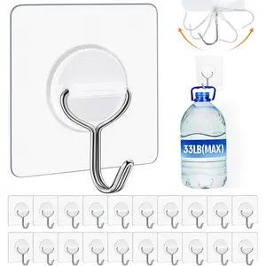 Adhesive Wall Hooks for Hanging Heavy Duty 33lb(Max), Waterproof and Rustproof Transparent Self Adhesive Hooks for Bathroom Kitchen Outdoor and Home Improvement -24 Pack