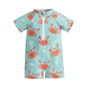 Toddler Baby Boys Swimsuit Rash Guard Short Sleeve Crab Tree Print Swimsuit Jumpsuit Summer Swimwear