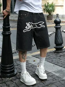 Hip-Hop High Street Flying Dog Trendy Straight Leg Loose Fit Casual Denim Shorts, Fashion Versatile Timeless, Embroidery Design