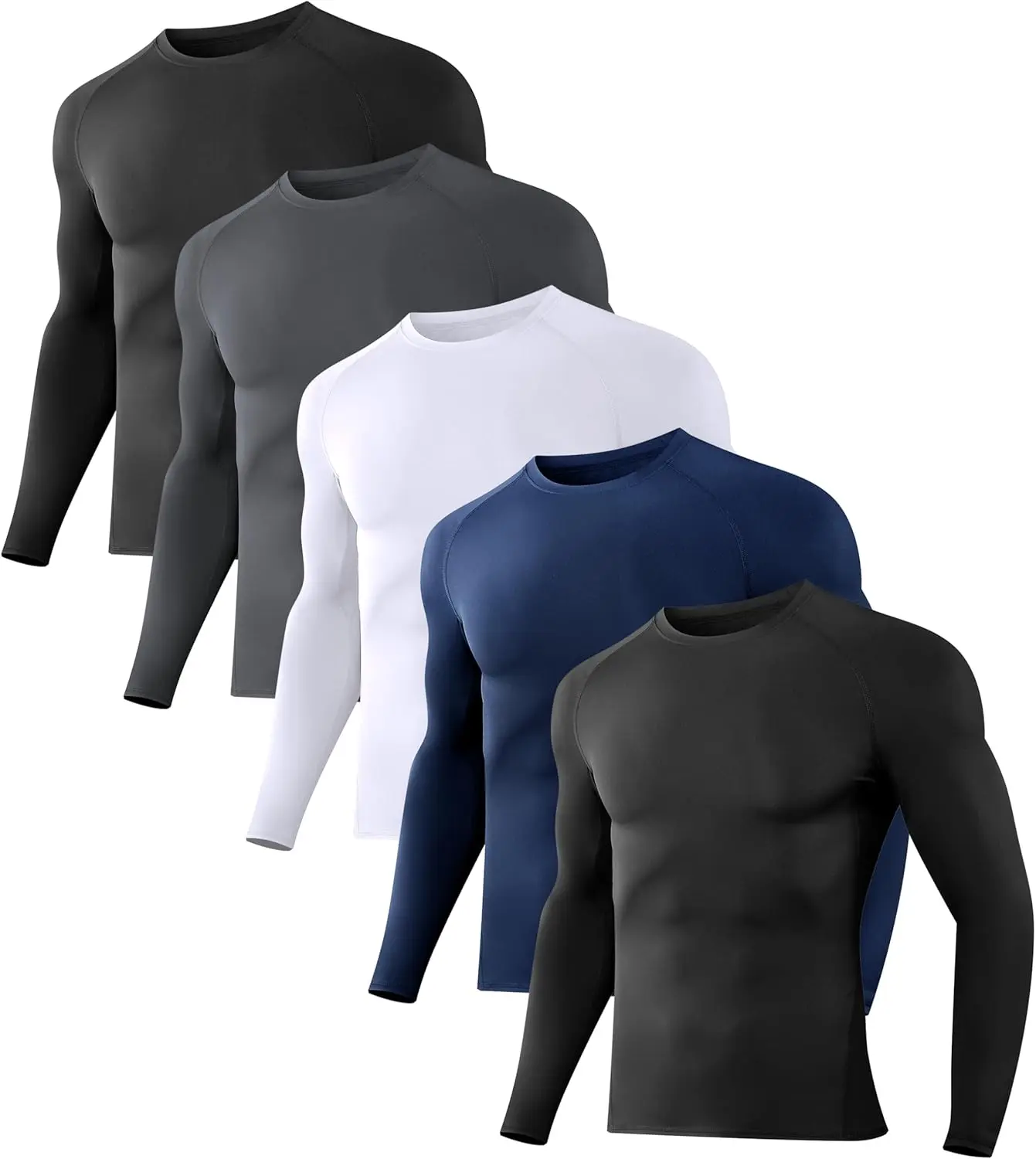 Men's Compression Shirts, 5 Pack Fitted Long Sleeve Plain Athletic Base Layer for Workout & Gym, Athletic Clothes, One Shirt, Many Uses