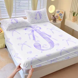 Custom Initial J Q U V W X Y Z Print Fitted Sheet Set, Gentle Purple Ribbon Bow, 2 Pillowcases, Breathable Comfort, Princess Style Bedroom Decor, Birthday Gift