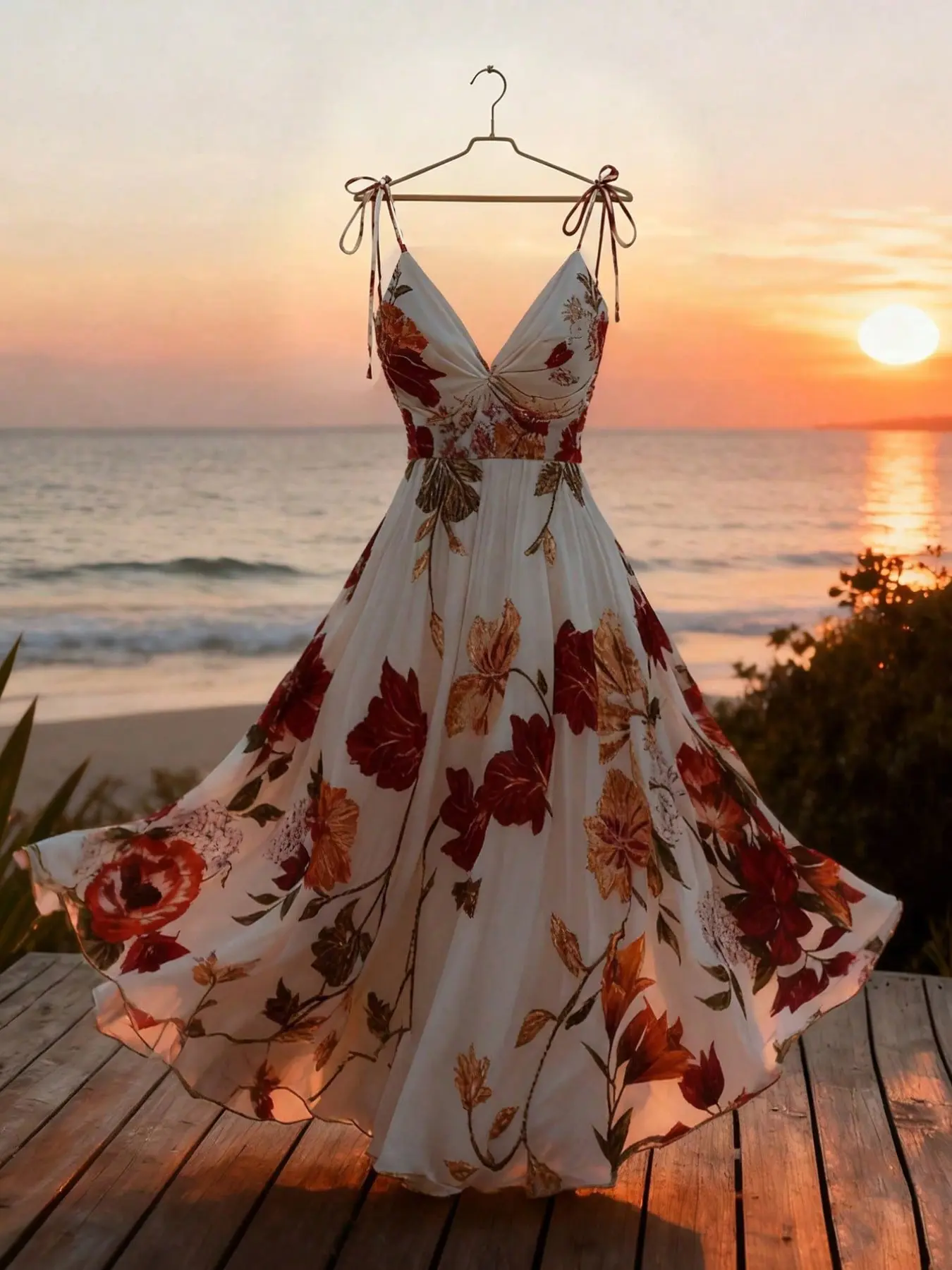 French Elegant Women's Floral Print Boho A-Line Tie Adjustable Straps Dress, Casual Wear Summer Vacation Dress, Beachwear, Dress, Travel, Party Dress