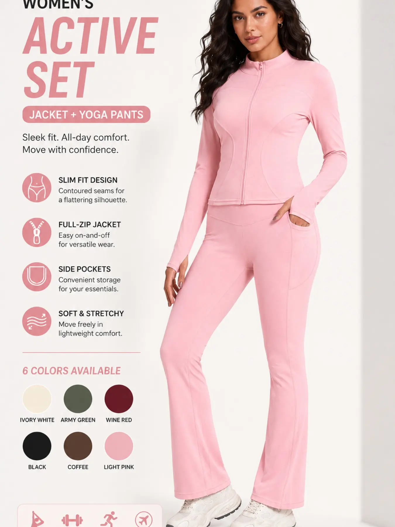 Women's Soft Yoga Sport Set, Two-Piece Fitness Sportswear Set with Zipper Jacket and Flare Pants, High-Waisted Leggings with Pockets, Casual & Sports, OOTD, Athletic Sets, Fitness Outfits
