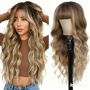 Ombre Blonde Wig with Bangs for Women Long Ombre Blonde Wavy Wigs 26 Inch Blonde Wigs Natural Looking Heat Resistant Synthetic Wig for Daily Party Use