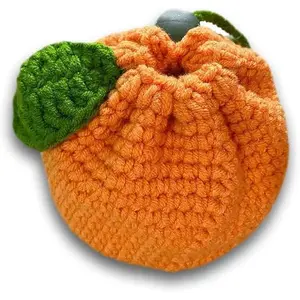 Cute Tangerine Shaped Small Storage Bag, Crochet Drawstring Bags, Mini Handwoven Cotton Handbag, Coin Purse Pouch, Orange Knitting Change Wallet, Earbuds Protective Case, Handmade Gift for Women Girls