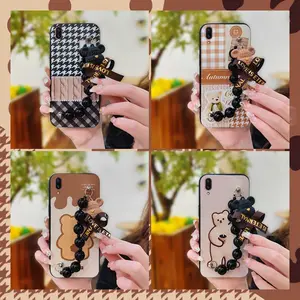Waterproof Cartoon Phone Case For VIVO Y93 China/Y70 Bear bracelet soft case cute Black pearl pendant Simplicity Skin-friendly feel Anti-knock Dirt-resistant silicone Back Cover