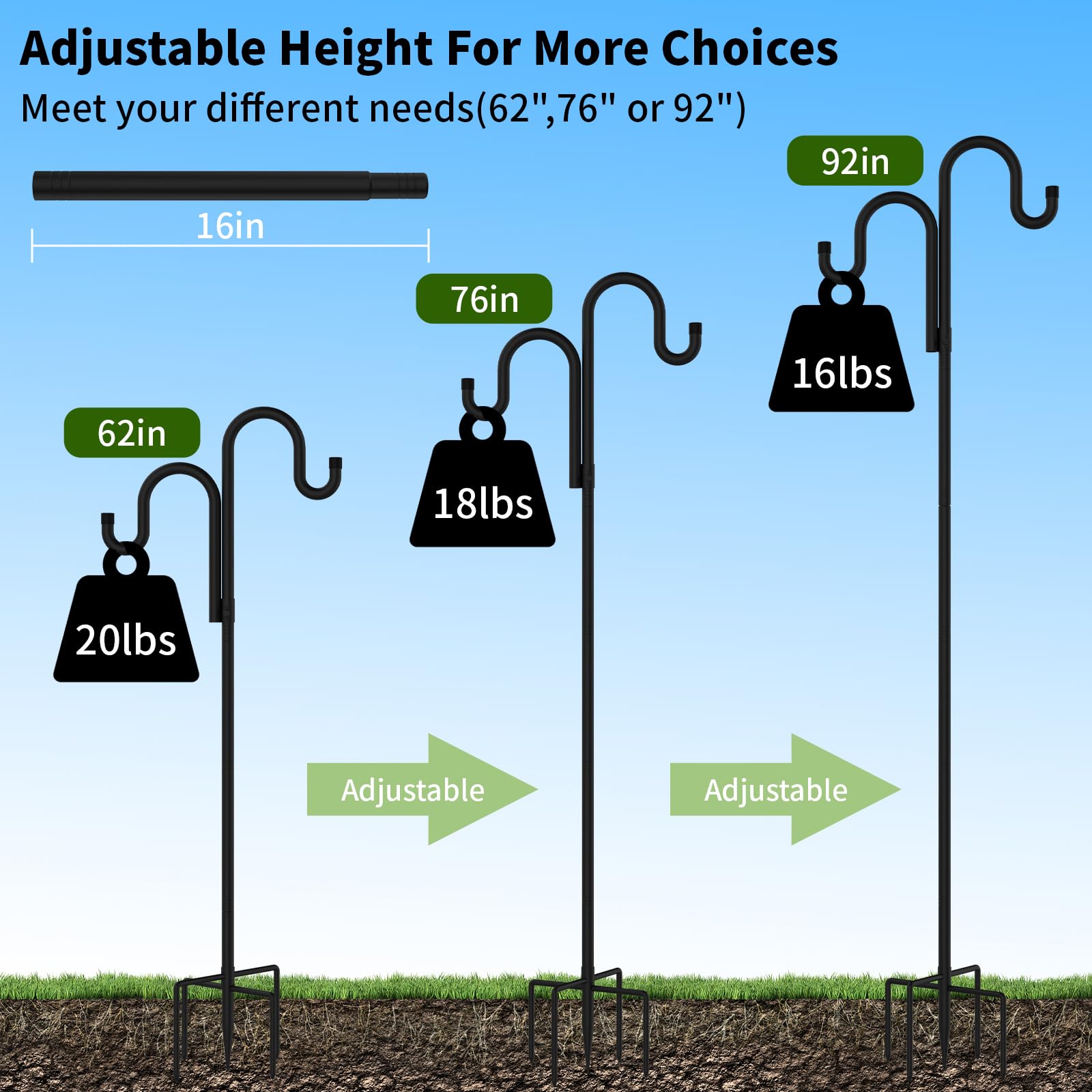 Double Shepherds Hooks for Outdoor,62 Inch/76 Inch/92 Inch, 2-Pack Heavy Duty Garden Pole for Hanging Bird Feeder, Plant Baskets, Solar Light Lanterns, Garden Plant Hanger Stands with 5 Base Prongs