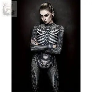 Women's Gothic Skeleton Jumpsuit White & Black Bone Print Long Sleeve Outfit Full Coverage Easy Care Fabric Perfect for Ghost Halloween  Inflatable Easter Rabbit  queen of hearts Trendy Polyester Crew Neck Cowgirl Disco  Suit flamingo costume lion Sexy