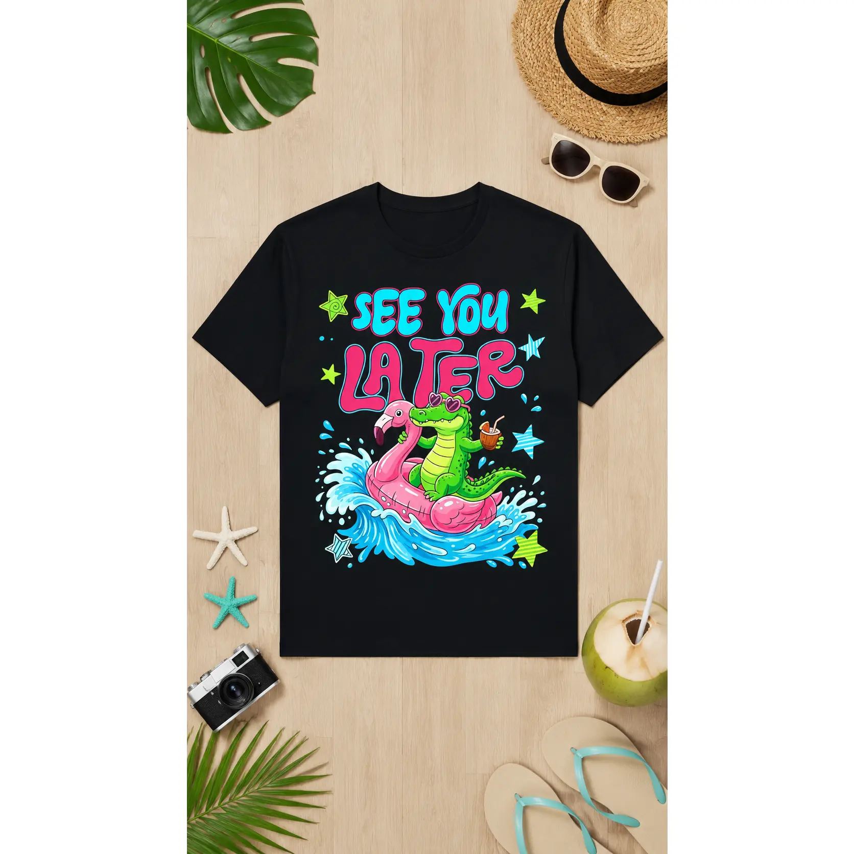 Women's Oversized Soft Shortsleeve Spandex T-Shirt - Colorful Funny Alligator Graphic Top, Cute Summer Vacation Flamingo Pool Float Tee, Tropical Novelty Gift for Beach Parties