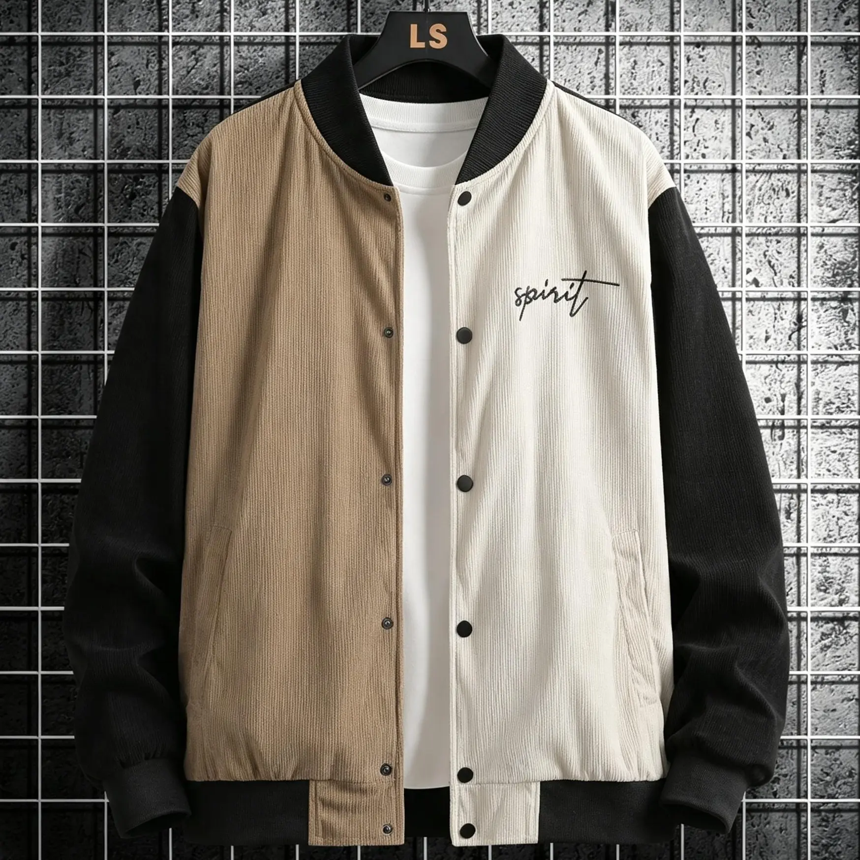 Men’s Beige Color-Block Corduroy Varsity Jacket - Menswear Long Sleeve Baseball Coat with Black Spliced Sleeves, Ribbed Hem, Pockets, Retro Loose Bomber with Spirit Script Embroidery, Vintage Casual Streetwear Tops
