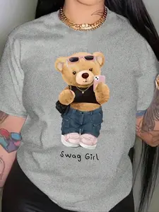 Women's Cartoon Bear & Letter Print Tee, Fashion Casual Streetwear Crew Neck T-Shirt Round Neck for Daily Holiday Vacation Outdoor Wear, Ladies Clothes for Summer, Womenswear