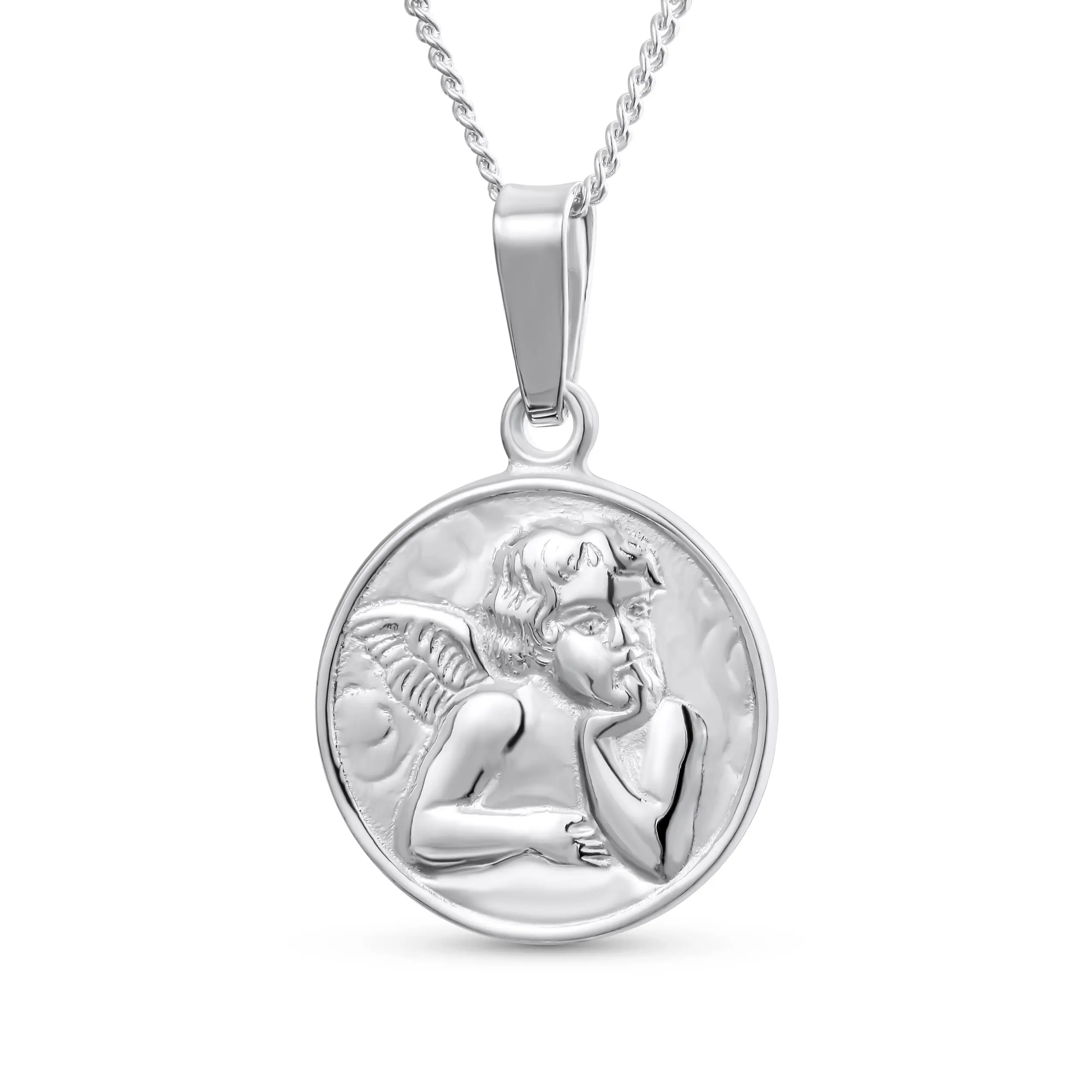 Religious Guardian Angel Cherub Pendant Necklace Silver Round Disc Medal