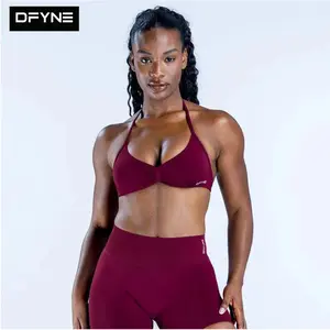 DFYNE Seamless Halter Triangle Sports Bra & Shorts Set| Padded Ruched Plunge Top with High Waisted Tummy Control Biker Shorts 2-Piece Outfit