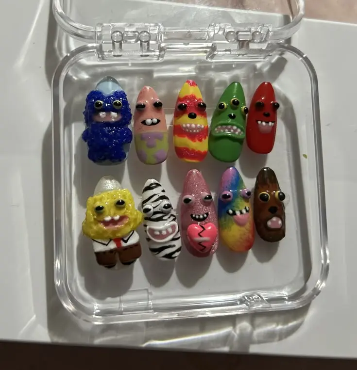 Handmade USpongeBoby Inspired Press On Nails, 3D Ugly Cute Monster Acrylic Nails, Kawaii Cartoon Character Nails, Harajuku Alternative Glue On Nails with Gift Set (Adhesive Tabs, Nail File, Cuticle Stick)