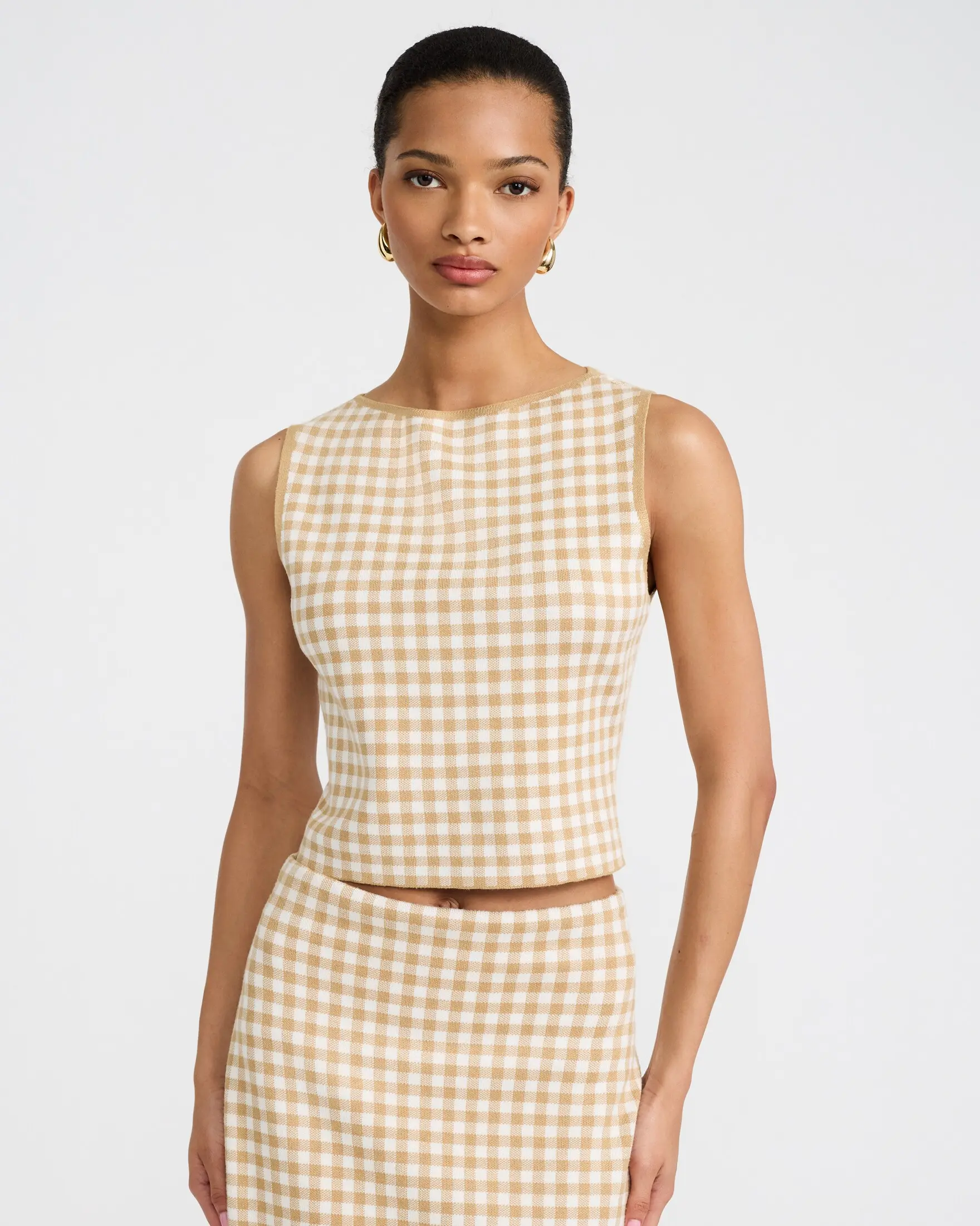 Express Women's Chic Gingham Cropped Sweater Tank with Boat Neck, Rayon Spandex Blend for a Wear to Work Match Set, Women's Clothes, Clothes, Sleeveless, Elegant