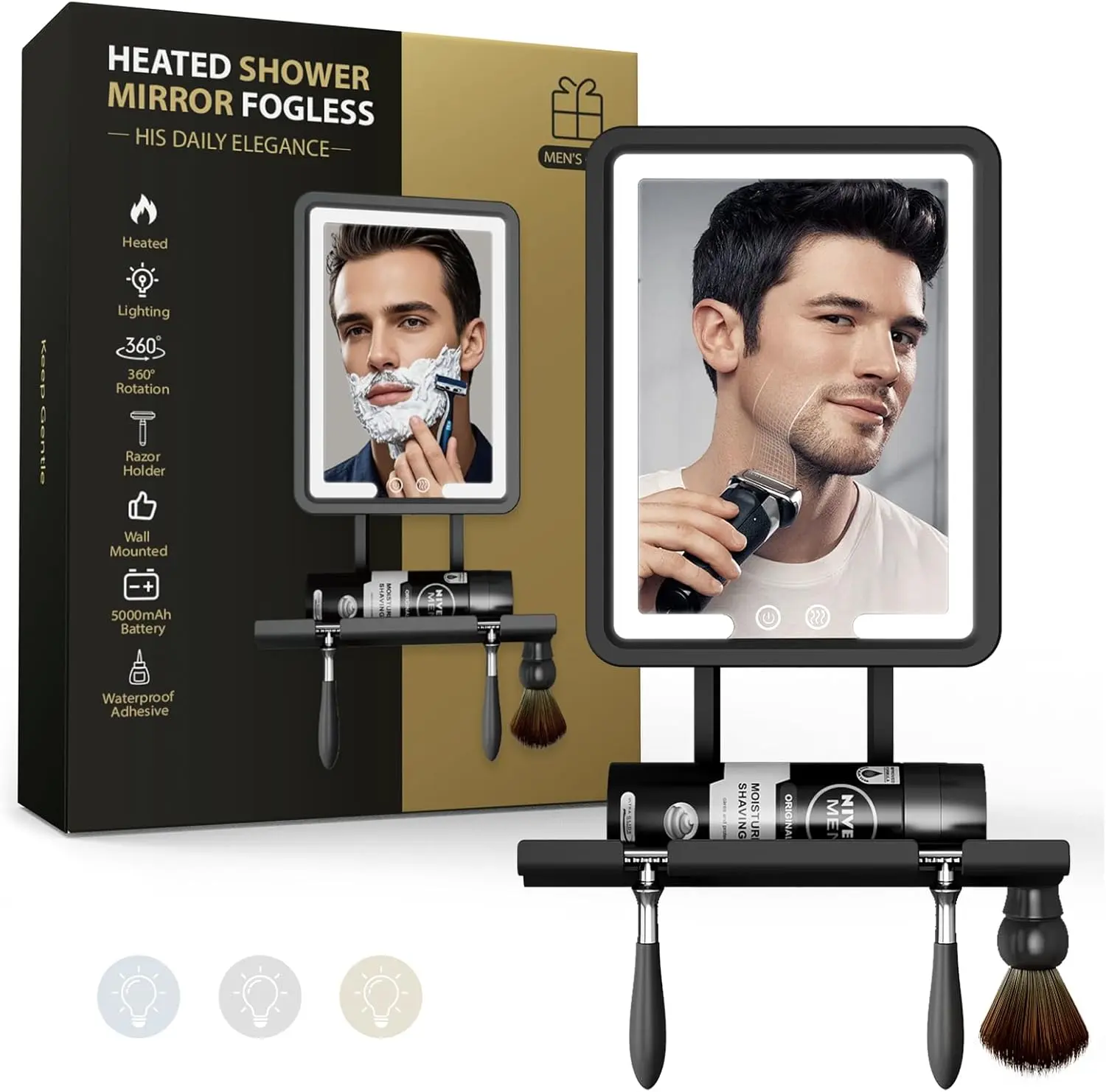 Shower Mirror Fogless for Shaving with Light - Heated Anti Fog Bathroom Mirror Razor Holder Recharegable 5000mAh Battery Dimmable Adhesive Wall Mount Shower Accessories Gift for Men(Black)