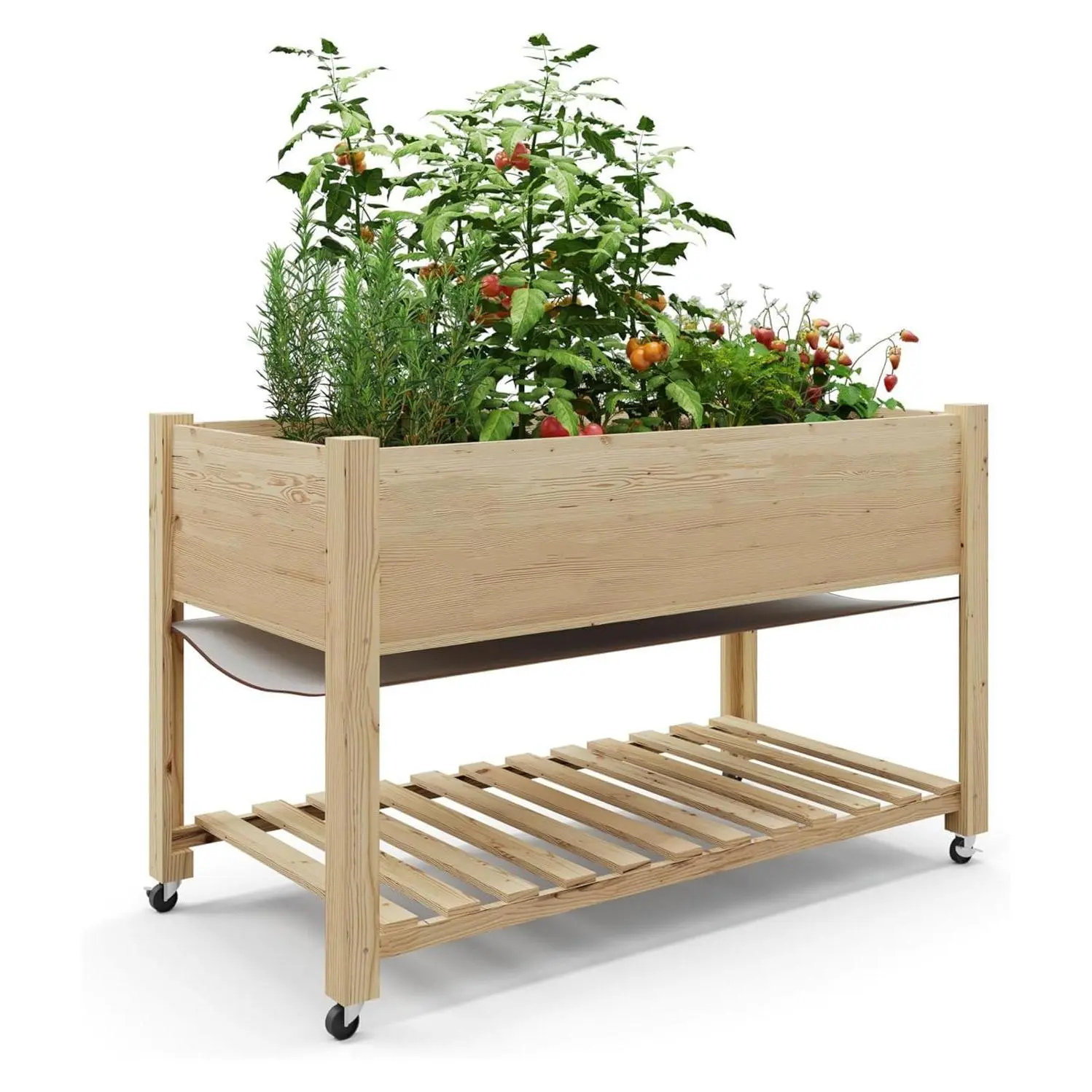 Natural Solid Cedar Wood Raised Garden Bed (48x24in) - Elevated Planter Box for Gardening, Lockable Wheels, Sturdy Storage Shelf, Pre-Drilled Holes, Ideal for Decks, Balconies, Vegetables & Herbs, Thoughtful Gift, Oxford