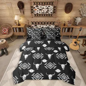 Feelyou 7-Piece Bohemian Aztec Print Bedding Set - Black White Western Bull Skull Comforter Set with Sheets, Breathable Cloth Southwest Vibe Tribal Vintage Bed in A Bag, Multi-Size for Men