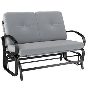 2-Person Outdoor Glider Bench – Patio Rocker Loveseat with Tufted Cushions. Seat & Backrest Cushions for All-Day Comfort. Perfect for Porch, Garden or Backyard. Gray