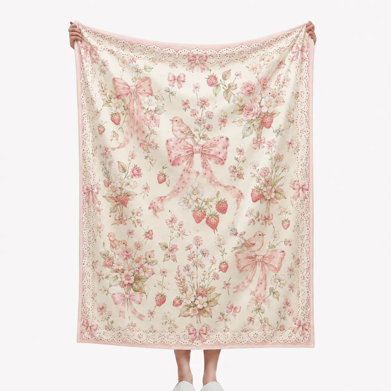 Pink Bow Floral Flannel Throw Blanket - Soft Flannel with Ribbon Trim, Floral Print, Coquette Cottagecore Design, Lightweight Warm for Sofa, Bed, Living Room Decor, Machine Washable Home Decor Item Gift for Women