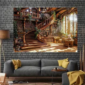 [Gothic Tapestry] Polyester Gothic Library Bookshelf Tapestry 1Pc |   Wall Hanging Backdrop For General & Tailgating Parties, Living Room, Bedroom, Office Decor - No Electricity Needed boys and girls room decor