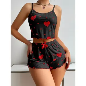 Women'S Heart-Shaped Printed Sexy Lattice Folded Edge Pajama Sets, Round Neck, Spaghetti Strap, Bow, Short Pants, Comfortable Loose Fit, Summer Sleepwear