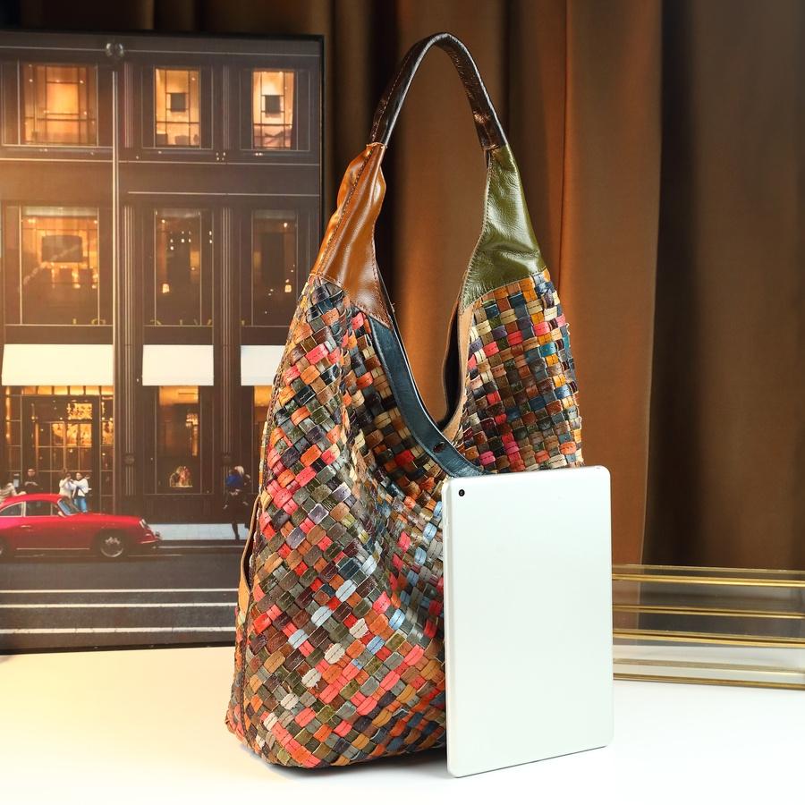 Large Colorful Woven Hobo Bag - Boho Braided Vegan Leather Shoulder Bag - Spacious Multi-color Patchwork Handbag for Women's Daily & Vacation