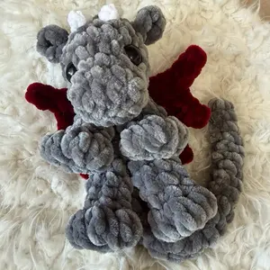 Crochet Dragon Plushie - Dark Grey with Red Wings, 8 Inches Tall, Soft Stuffed Animal, Kawaii Design, Soothing Stuffed Doll, Cute Kids Easter Gift, Ideal for Cuddling