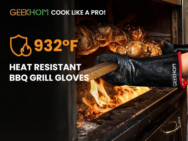 GEEKHOM 932°F Heat Resistant BBQ Grill Gloves: Oil Resistant Waterproof for Smoking Grilling Cooking Barbecue Deep Frying Turkey Rotisserie Handling Hot Greasy Meat Grilling Stocking Stuffers for Men