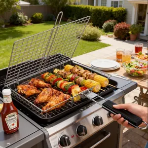 Foldable Handle BBQ Grill Rack, Outdoor Stainless Steel Grill Basket, Portable Multi-Functional BBQ for Fish, Meat, Corn, Chicken, Vegetables, Seafood